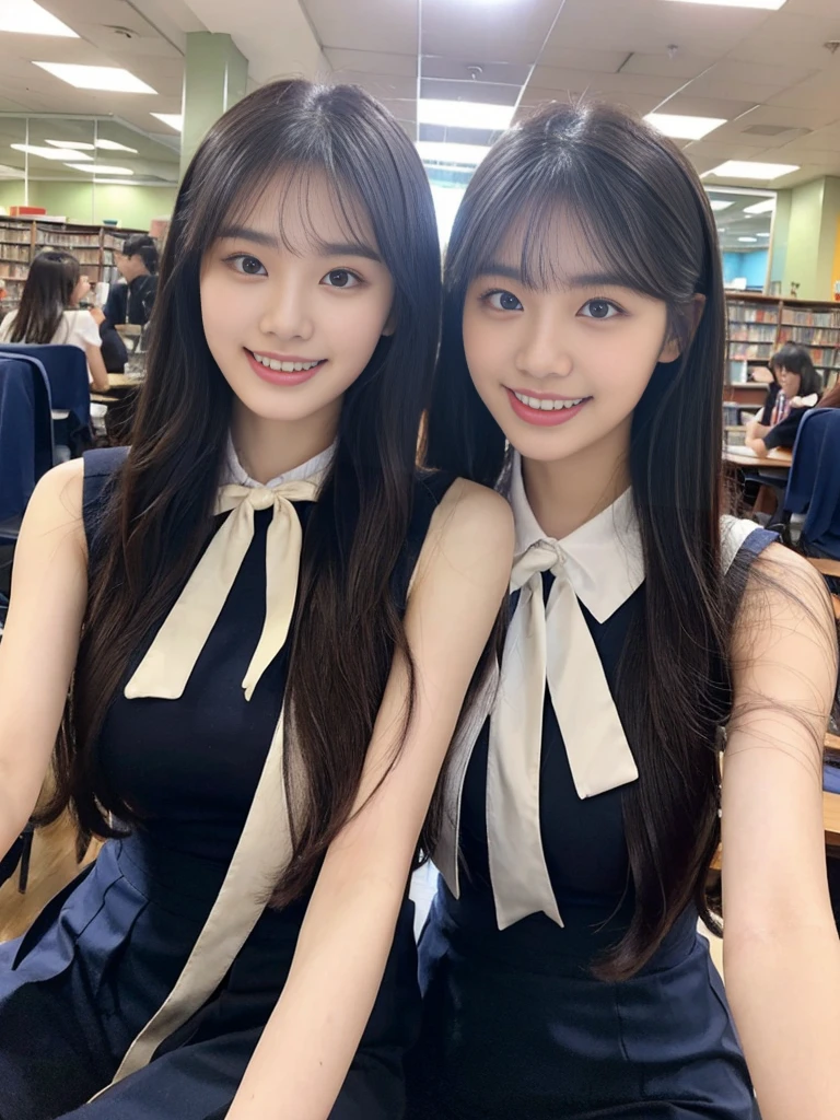 (Super cute Korean high school girls duo take photos 1.2)(grin,Smile)(Beautiful Sweat:1.1)(16K, RAW Photos, Highest quality, masterpiece: 1.2),(Beautiful short bob hair with even bangs, black hair) Super detailed, Super Resolution, (Genuine, Genuine photos: 1.37), Portraiture, High-resolution RAW color photos, Professional photos, Very detailed, 8k wallpaper, Very detailed CG Unity 8k wallpaper, Very detailed beautiful girls, Very detailed faces, ((whole body)), beautiful woman, Huge breasts,(huge boobs:1.1) (Big Boobs:1.1), Beauty college student (A tight, girly, navy sleeveless with ribbon.),high school girl, Korean Girls,(K-POP Female Idols), (Idol-class beauty)(Beautiful high school girl:1.1)(A library filled with books)(18-year-old)(Stylish school uniform-style outfit:1.1)(Group photo:1.1)(Tattoo,Tattoo:1.0)