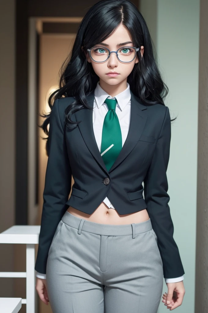 Screenshot of my hero academia. Chica adolescent argentino, clear skin, long curly half black half white hair, neat hairstyle, eyes with heterochromia, one blue eye and one green eye, long eyelashes. Beautiful and attractive. Wearing a gray blazer, Red tie, green pants, silver glasses, adolescent. Neutral and serious expression.