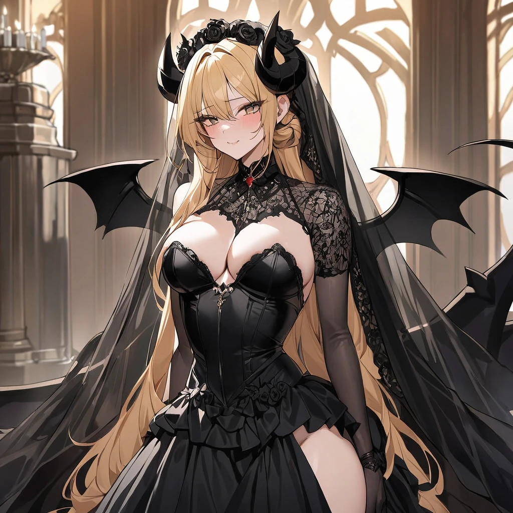 ((Highest quality)), ((masterpiece)), (detailed), (Perfect Face)、The woman is a sexy, dark-skinned demon.、The woman is a jet-black demon with magnificent devil horns, jet-black devil wings, and a jet-black tail. Her skin is jet-black, she is wearing a luxurious black Gothic Victorian wedding dress and a black wedding veil, and she is embracing the dignified and powerful Great Demon King, her whole body being loved by the Demon King, while looking into the camera with a happy expression on her face as she is getting married. She is a jet-black demon named Sailor Moon with blonde hair.2A devil in body and soul, with long hair tied up in a knot. A devil in love with a maiden's expression.、The man is a dignified and powerful demon king, embracing the woman and looking into the camera as they hold their wedding ceremony, loving and adoring each other.