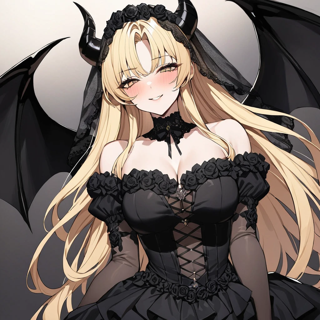 ((Highest quality)), ((masterpiece)), (detailed), (Perfect Face)、The woman is a sexy, dark-skinned demon.、The woman is a jet-black demon with magnificent devil horns, jet-black devil wings, and a jet-black tail. Her skin is jet-black, she is wearing a luxurious black Gothic Victorian wedding dress and a black wedding veil, and she is embracing the dignified and powerful Great Demon King, her whole body being loved by the Demon King, while looking into the camera with a happy expression on her face as she is getting married. She is a jet-black demon named Sailor Moon with blonde hair.2A devil in body and soul, with long hair tied up in a knot. A devil in love with a maiden's expression.、The man is a dignified and powerful demon king, embracing the woman and looking into the camera as they hold their wedding ceremony, loving and adoring each other.