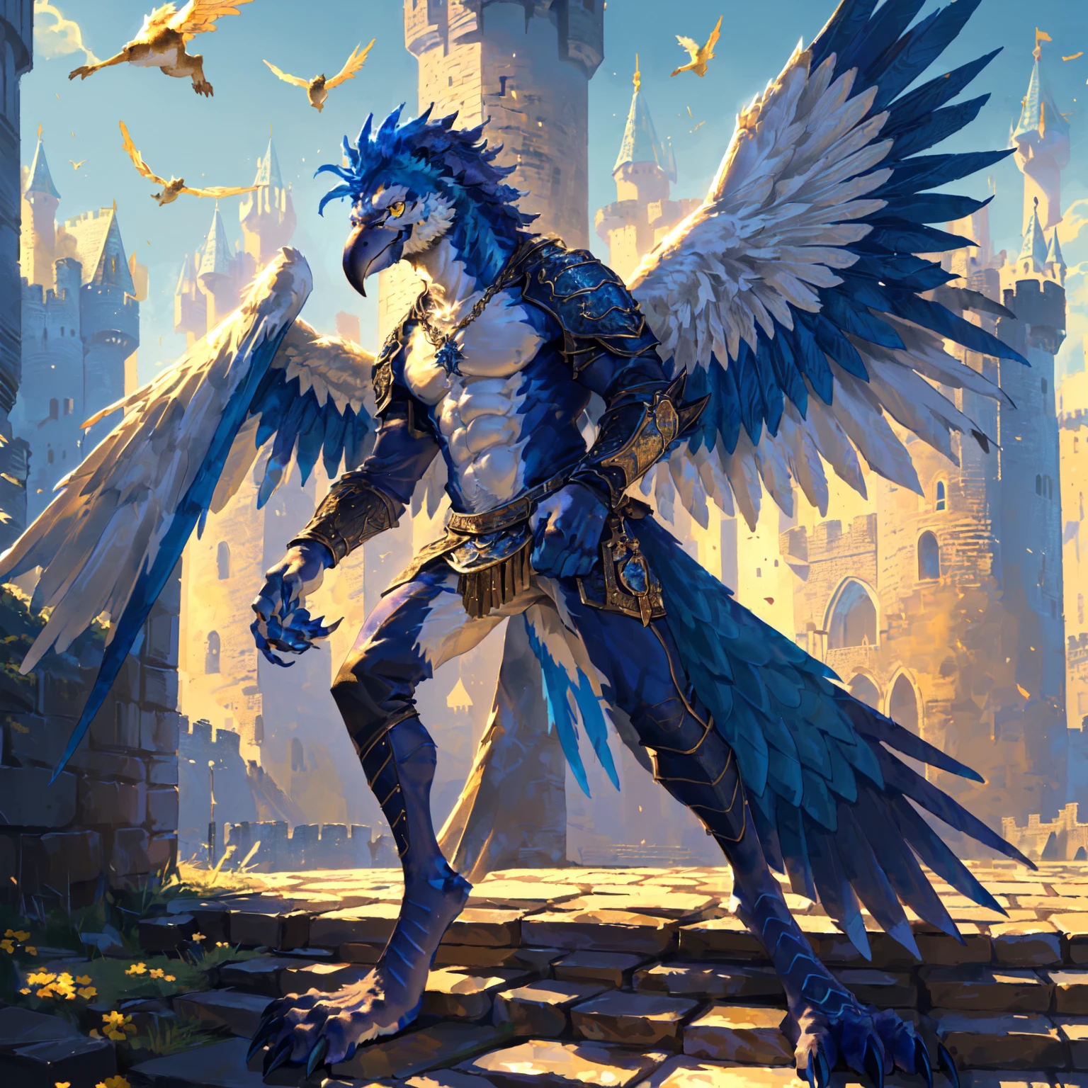 ((middle Ages:1.3,Castle Background:1.6)),(Royal Family:1.2),sunny,high resolution,4K,【Strike a pose:1.5】,masterpiece,high quality,((Griffin)),male,Furry,(ager:1.3),hairy,((Fierce and vicious:1.4)),(((Lean:1.4,Big Wings:1.3,Bird claws子:1.3))),(((Blue head:1.3,White abs:1.4))),(((White Wings:1.3))),(((Golden pupils:1.2))),(((Bird claws:1.3))),(((Long legs:1.3))),((No shirt,No underwear)),Exquisite eyes,Detailed body,Detailed claws,Detailed feet,Kenket's Art