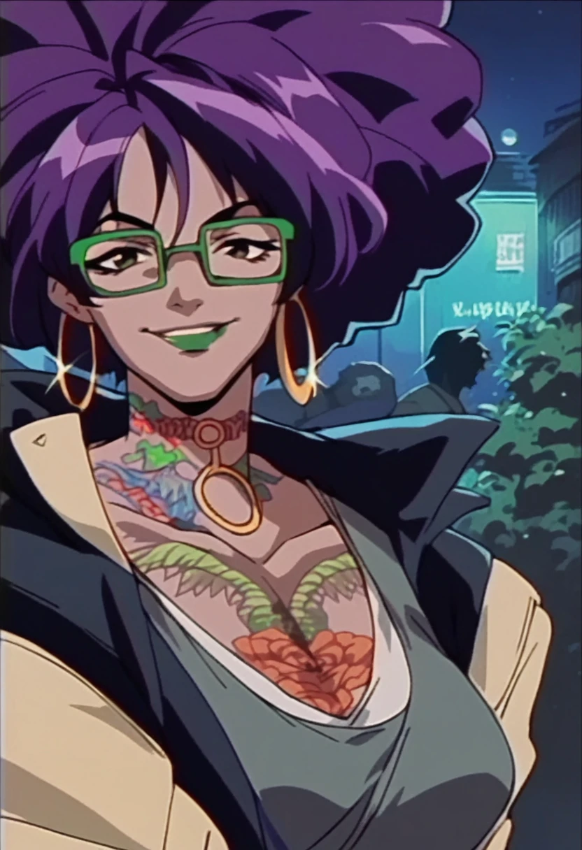 beautyful woman, black skin, huge full afro purple hair, green mouth, black jacket, hoop earring, green glasses, chocker, dragon tattoo, night, smile, sensual woman
