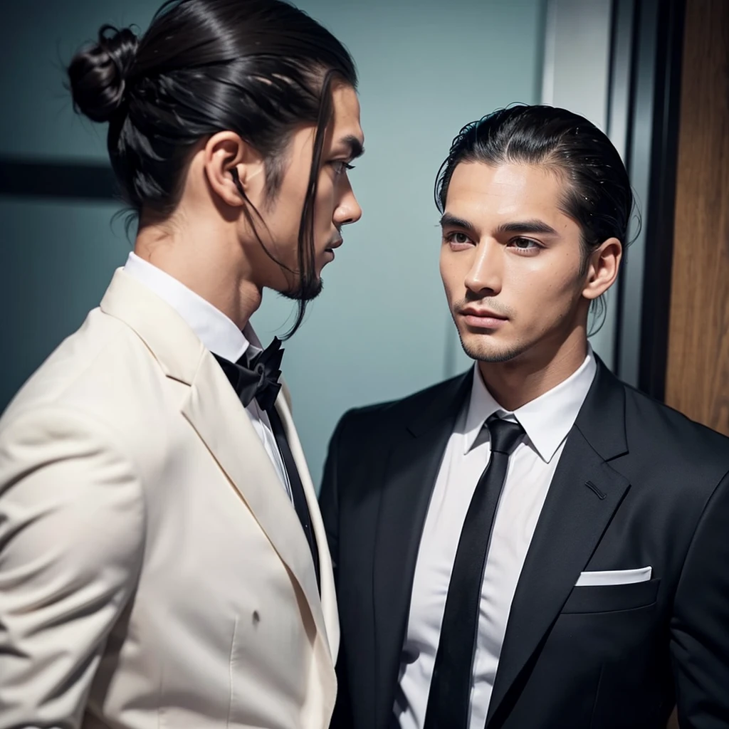 A photo of a man with bangs down and a man with his hair slicked back, suit