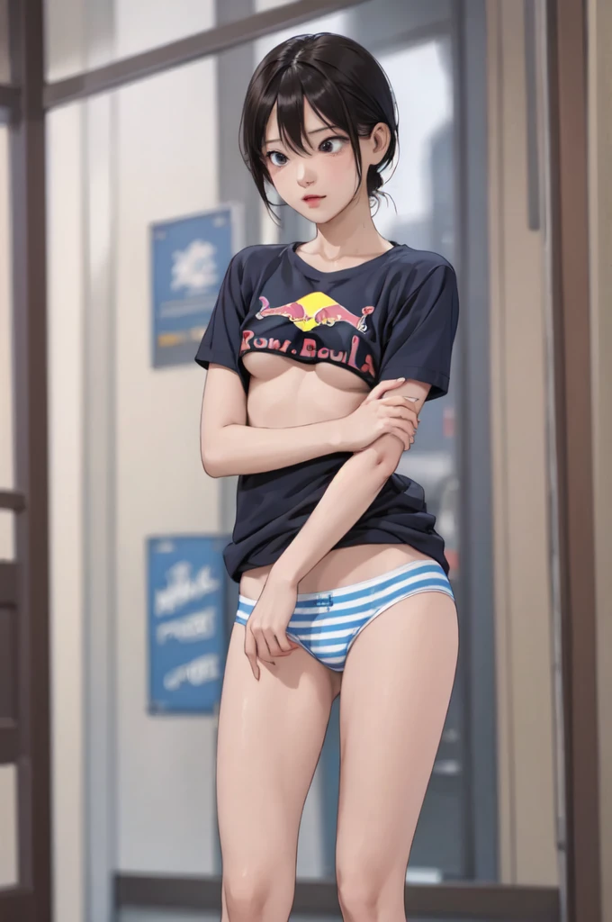 ((masterpiece, best quality)),((highres:1.2)), 1 Girl, solo, Blurred Background, (((Small breasts))), Thighs, (Stripe underwear), red bull T-Shirts, nipple