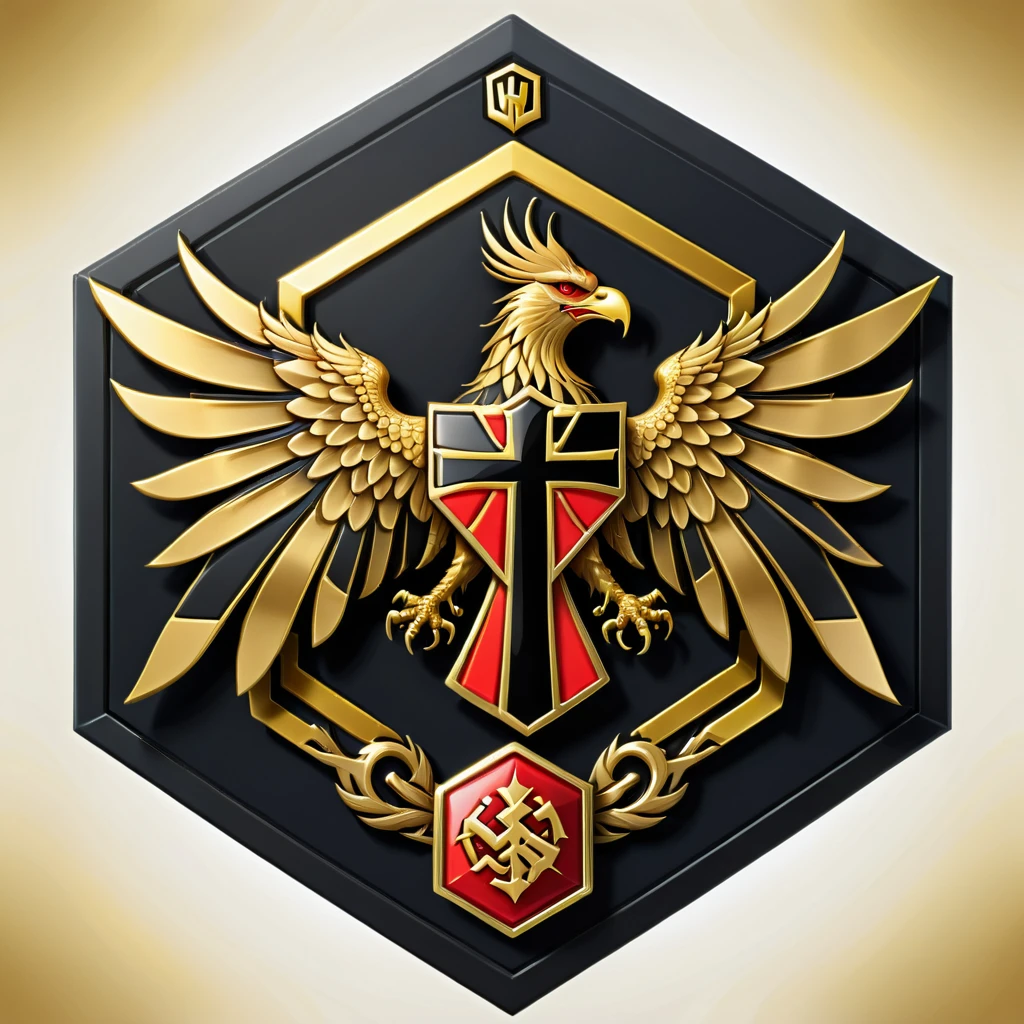 a stylized German flag coat of war emblem with a golden 2-headed phoenix, next to a black cross , Hexagon, vector, best qualityer, Text " wolf king"