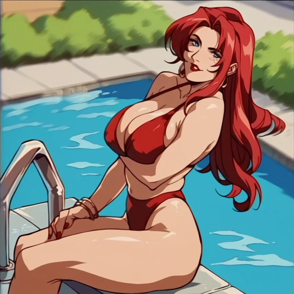 rating_explicit, beautyful mature woman, red bikini, redhair, red hair, long hair, blue eyes, red lipstick, encorped body, , sit on a pool