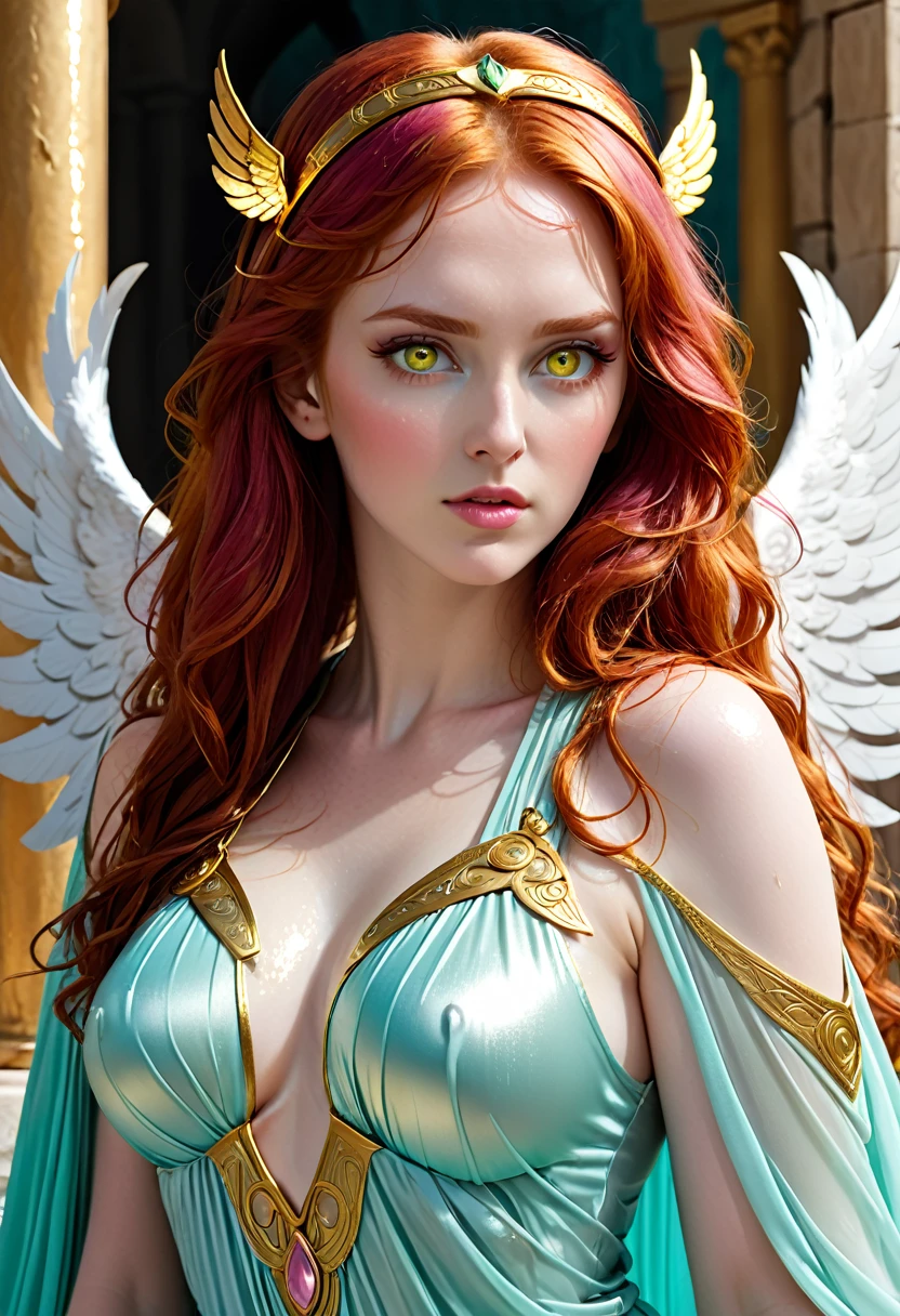 NSFW Eris, beautiful greek goddess of discord, beautiful young adult woman with long red hair, white angel wings;which he wears loose, Yellow eyes(mischievous and sensual look), brushed lips, pale skin, dressed in an elegant ancient Greek costume of aqua color with gold details((She must be wet with her breasts and pink nipples visible through her tunic.)), Underworld. Marvel drawing style image