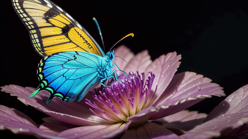 This stunning macro photo captures a colorful butterfly illuminated by gorgeous volumetric lighting.