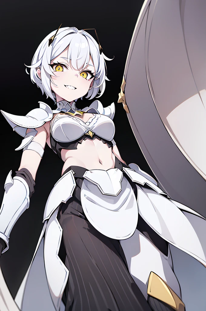 (masterpiece), best quality, expressive eyes, perfect face, a white bug girl, two antennae, short white spiky hair, blunt hair, ((dark black sclera)), yellow eyes, smiling, sharp teeth, ((white color flesh skin tone)), armor bra, ((organic armor clothes)), looking at viewer, ((shot from below))