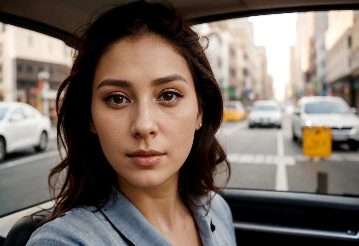 Arafed woman in a car looking at camera., woman's face looking off camera, full face close-up portrait, julia sardinia, head centered portrait, close-up headshot portrait, full face close-up portrait, 50mm portrait, Half portrait, cinematic headshot portrait, looking directly at the camera, medium close-up portrait, 60mm portrait, centered portrait