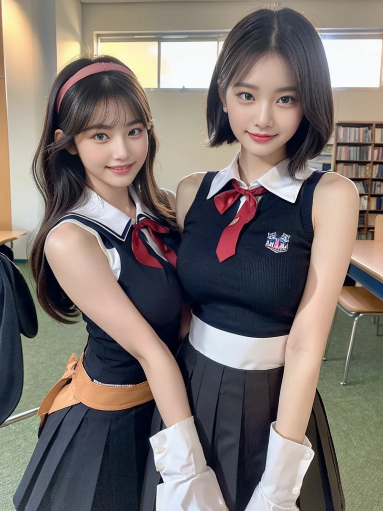 (Super cute Korean high school girls duo take photos 1.2)(grin,Smile)(Beautiful Sweat:1.1)(16K, RAW Photos, Highest quality, masterpiece: 1.2),(Beautiful short bob hair with even bangs, black hair) Super detailed, Super Resolution, (Genuine, Genuine photos: 1.37), Portraiture, High-resolution RAW color photos, Professional photos, Very detailed, 8k wallpaper, Very detailed CG Unity 8k wallpaper, Very detailed beautiful girls, Very detailed faces, ((whole body)), beautiful woman, Huge breasts,(huge boobs:1.1) (Big Boobs:1.1), Beauty college student (A tight, girly, navy sleeveless with ribbon.),high school girl, Korean Girls,(K-POP Female Idols), (Idol-class beauty)(Beautiful high school girl:1.1)(A library filled with books)(18-year-old)(Stylish school uniform-style outfit:1.1)(Group photo:1.1)(Tattoo,Tattoo:1.0)