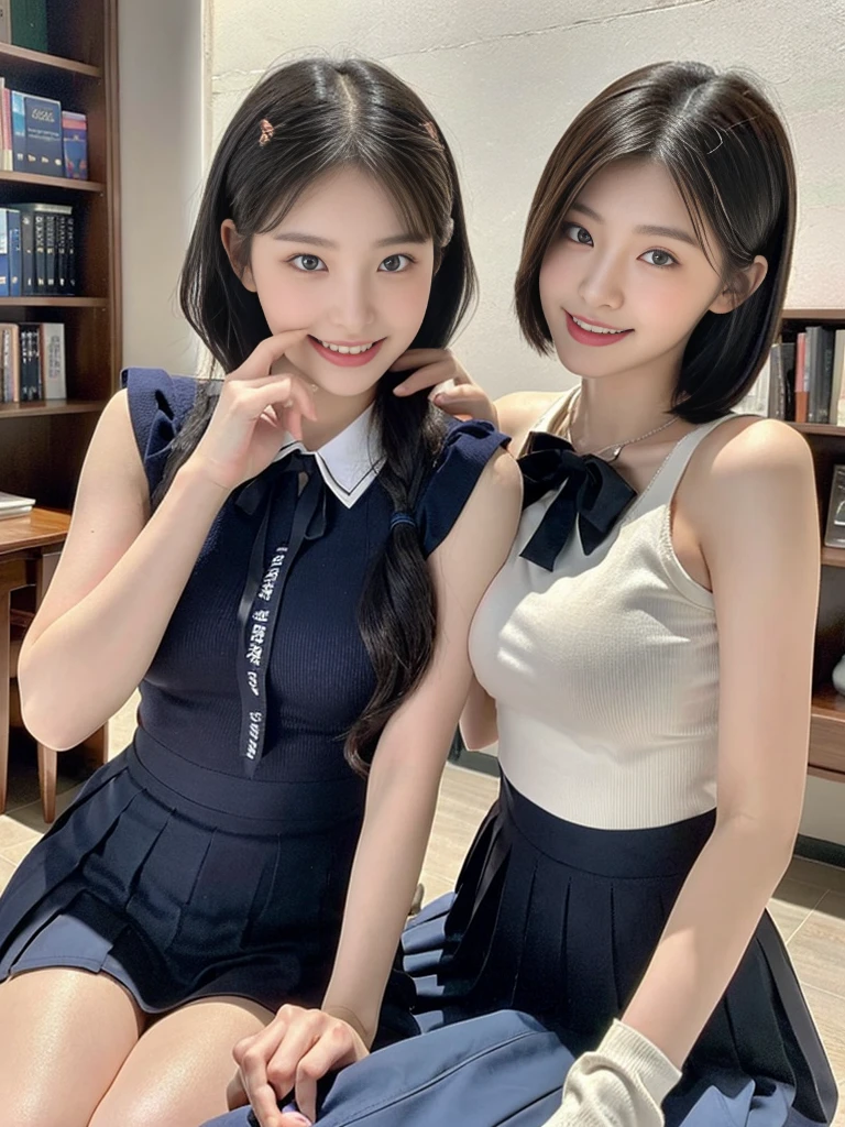 (Super cute Korean high school girls duo take photos 1.2)(grin,Smile)(Beautiful Sweat:1.1)(16K, RAW Photos, Highest quality, masterpiece: 1.2),(Beautiful short bob hair with even bangs, black hair) Super detailed, Super Resolution, (Genuine, Genuine photos: 1.37), Portraiture, High-resolution RAW color photos, Professional photos, Very detailed, 8k wallpaper, Very detailed CG Unity 8k wallpaper, Very detailed beautiful girls, Very detailed faces, ((whole body)), beautiful woman, Huge breasts,(huge boobs:1.1) (Big Boobs:1.1), Beauty college student (A tight, girly, navy sleeveless  with ribbon.),high school girl, Korean Girls,(K-POP Female Idols), (Idol-class beauty)(Beautiful high school girl:1.1)(A library filled with books)(18-year-old)(Stylish school uniform-style outfit:1.1)(Group photo:1.1)(Tattoo,Tattoo:1.0)