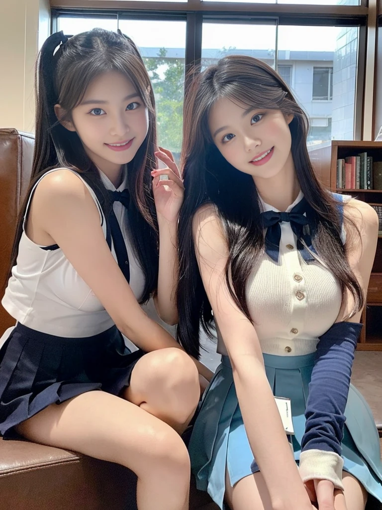 (Super cute Korean high school girls duo take photos 1.2)(grin,Smile)(Beautiful Sweat:1.1)(16K, RAW Photos, Highest quality, masterpiece: 1.2),(Beautiful short bob hair with even bangs, black hair) Super detailed, Super Resolution, (Genuine, Genuine photos: 1.37), Portraiture, High-resolution RAW color photos, Professional photos, Very detailed, 8k wallpaper, Very detailed CG Unity 8k wallpaper, Very detailed beautiful girls, Very detailed faces, ((whole body)), beautiful woman, Huge breasts,(huge boobs:1.1) (Big Boobs:1.1), Beauty college student (A tight, girly, navy sleeveless  with ribbon.),high school girl, Korean Girls,(K-POP Female Idols), (Idol-class beauty)(Beautiful high school girl:1.1)(A library filled with books)(18-year-old)(Stylish school uniform-style outfit:1.1)(Group photo:1.1)(Tattoo,Tattoo:1.0)