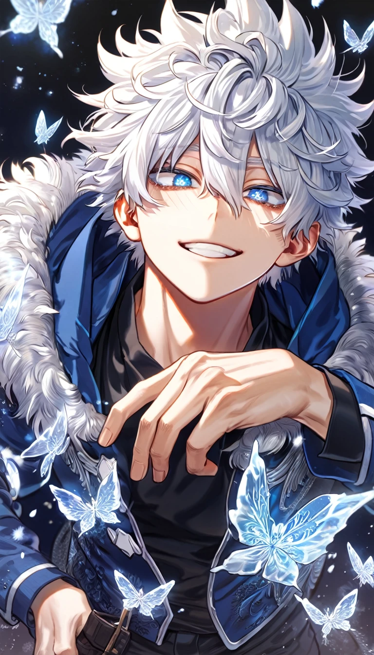 absurdres, highres, ultra detailed, HDR, master piece, best quality, extremely detailed face, delicated features, Gojou Satoru, white hair, messy hair, hair between the eyes, expressive blue eyes, white eyelashes, Boku No Hero Academia, sexy man, solo, handsome, smiling, blue jacket with fur, black shirt, black pants, fantasy, magical, ice, ice butterflies, snowflakes, starry night