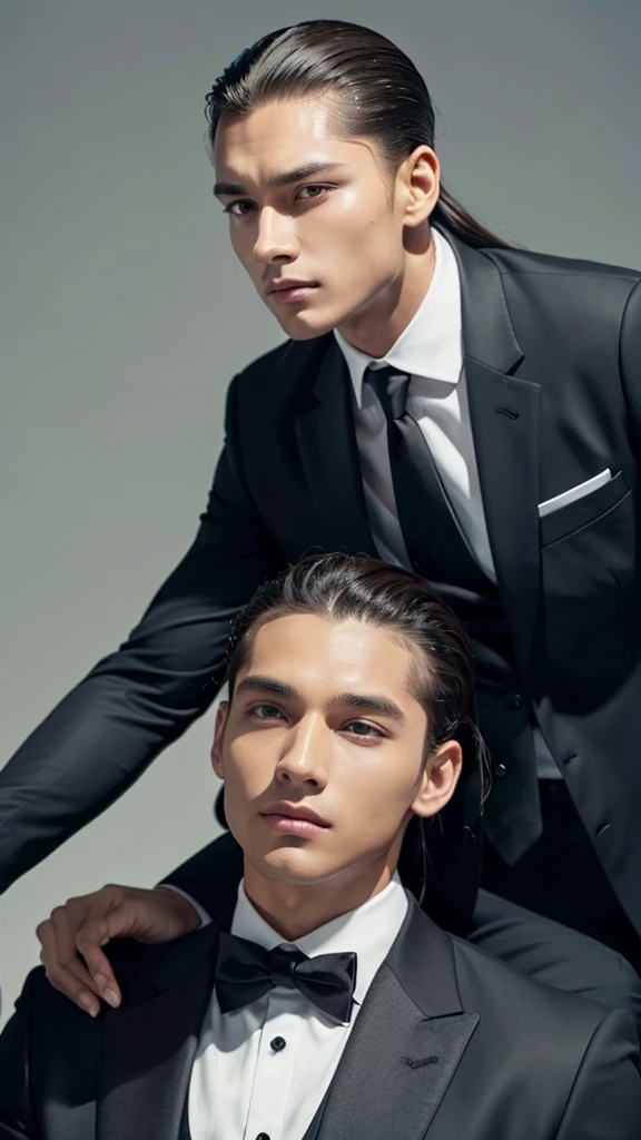A photo of a man with bangs down and a man with his hair slicked back, suit