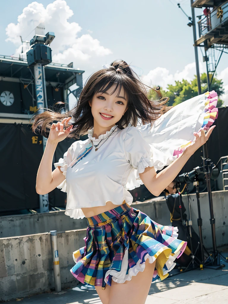 Colorful photograph, Uplifting, ((masterpiece, best quality, absurdres, 8K, super fine illustration, detailed eyes, beautiful face, light smile, shiny skin)), 1 young girl, Colorful top Idol, Smile full of happiness, whole body, good style, ((Idol costumes with 5 or more colors;1.5)), ((Idol costumes with lots of frills)), very cute idol costumes, colorful balloons, Many large and small soap bubbles, (Dancing dynamically;1.2), (kicking one leg high;1.2), ((Dancing on a gorgeous outdoor stage;1.4)), very luxurious stage, amazing gorgeous stage, ((extremely detailed Fluttery micro mini skirt, extremely detailed colorful skirt. micro mini Skirt very fluttering in the wind;1.4)), (((skirt is flipped up by the wind;1.5)))
