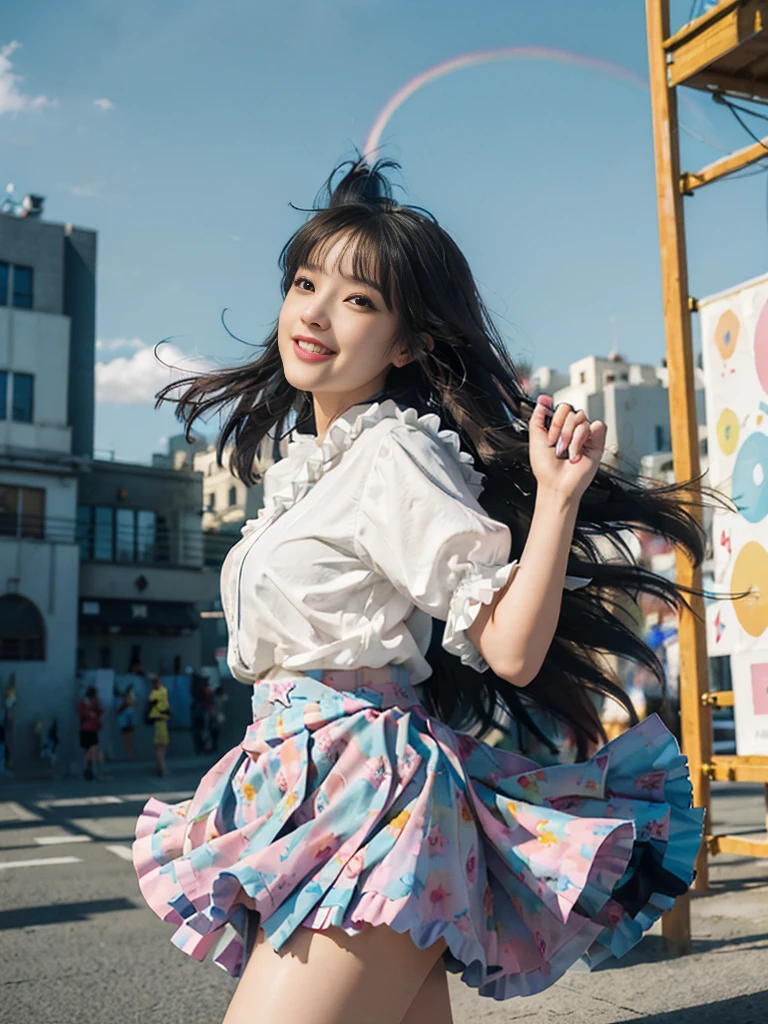 Colorful photograph, Uplifting, ((masterpiece, best quality, absurdres, 8K, super fine illustration, detailed eyes, beautiful face, light smile, shiny skin)), 1 young girl, Colorful top Idol, Smile full of happiness, whole body, good style, ((Idol costumes with 5 or more colors;1.5)), ((Idol costumes with lots of frills)), very cute idol costumes, colorful balloons, Many large and small soap bubbles, (Dancing dynamically;1.2), (kicking one leg high;1.2), ((Dancing on a gorgeous outdoor stage;1.4)), very luxurious stage, amazing gorgeous stage, ((extremely detailed Fluttery micro mini skirt, extremely detailed colorful skirt. micro mini Skirt very fluttering in the wind;1.4)), (((skirt is flipped up by the wind;1.5)))