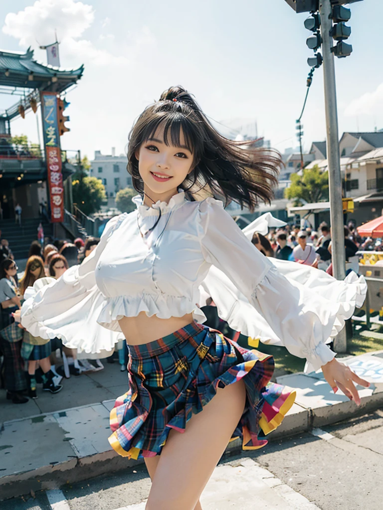 Colorful photograph, Uplifting, ((masterpiece, best quality, absurdres, 8K, super fine illustration, detailed eyes, beautiful face, light smile, shiny skin)), 1 young girl, Colorful top Idol, Smile full of happiness, whole body, good style, ((Idol costumes with 5 or more colors;1.5)), ((Idol costumes with lots of frills)), very cute idol costumes, colorful balloons, Many large and small soap bubbles, (Dancing dynamically;1.2), (kicking one leg high;1.2), ((Dancing on a gorgeous outdoor stage;1.4)), very luxurious stage, amazing gorgeous stage, ((extremely detailed Fluttery micro mini skirt, extremely detailed colorful skirt. micro mini Skirt very fluttering in the wind;1.4)), (((skirt is flipped up by the wind;1.5)))