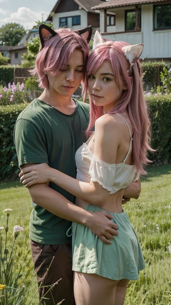 Girl with cat ears and pink hair hold her boyfriend in Green meadow Behind them is a house