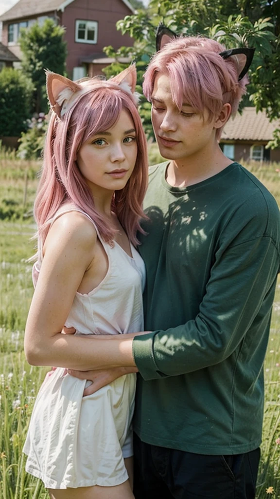 Girl with cat ears and pink hair hold her boyfriend in Green meadow Behind them is a house