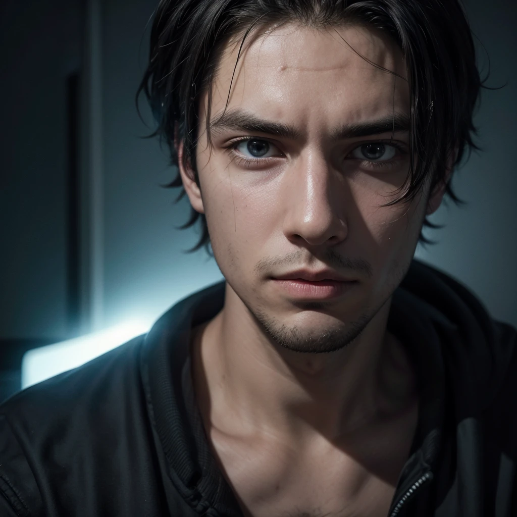 The face of a hacker man in the dark room