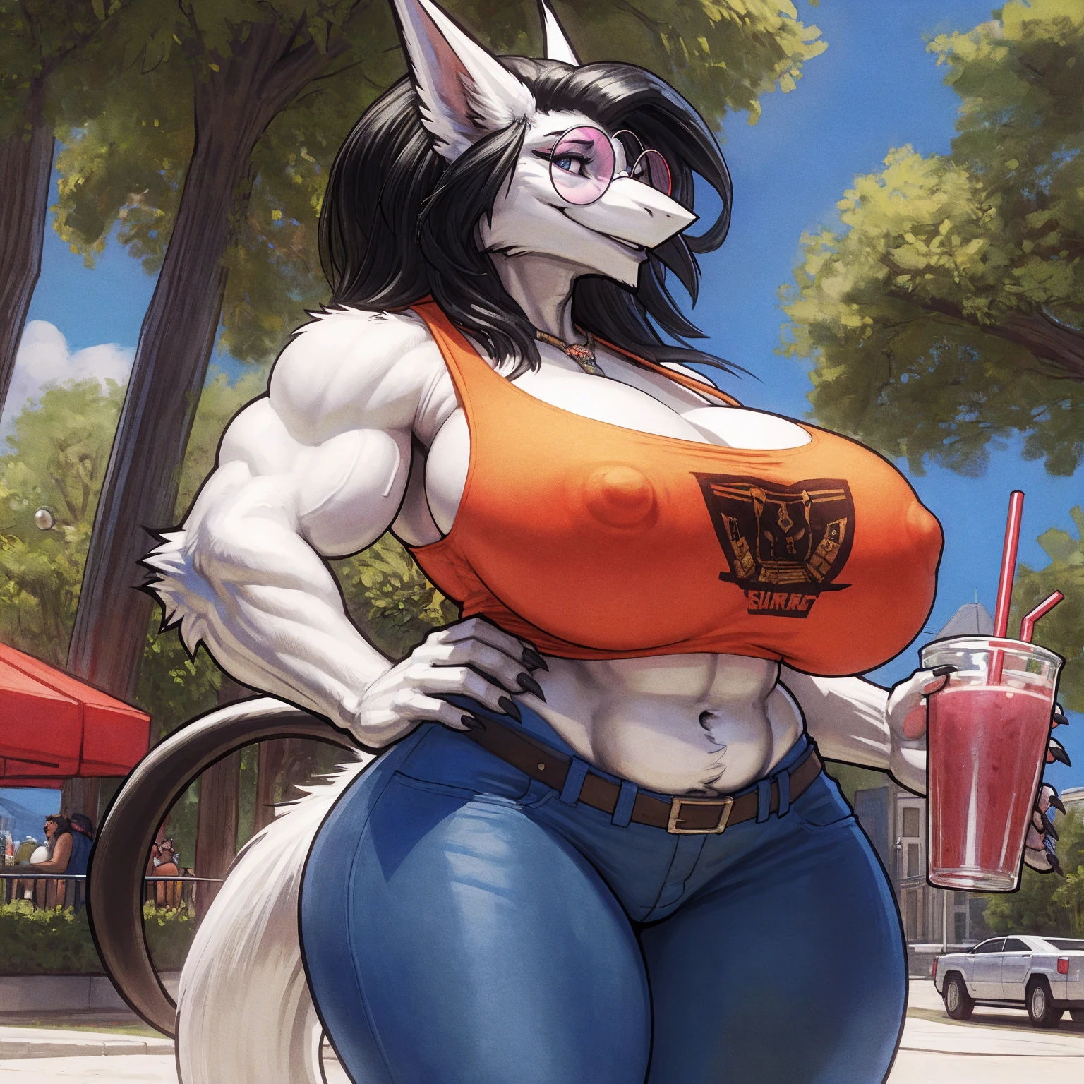 by darkgem, by duase, by BNG, by sligarthetiger, solo, 1girl, sergal, anthro, female, older woman, bodybuilder, muscular, thicc, (round glasses:1.4), (white fur:1.3), (black hair:1.3), furry body, wide body, wide hips, thick thighs, big arms, (huge breasts:1.1), (heavy breasts:1.3), nipple outline, highly detailed eyes, milf, orange tank top, bare midriff, cleavage, large areolae, blue jeans, lowrise jeans, bare midriff, visible thong straps, Masterpiece, best quality, absurd res, highly detailed, cleanly drawn eyes, park environment, cute smile, standing upright, casual posture, buff, holding a smoothie