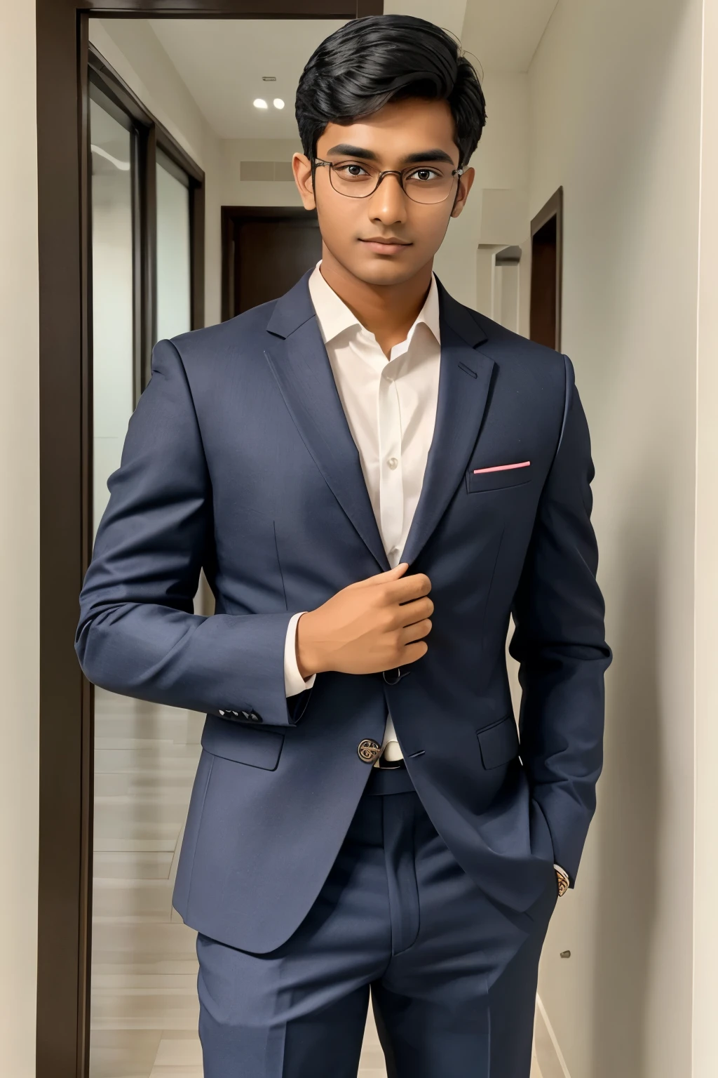 19 year old indian boy with fair skin wearing spectacles and narrow body posing a linkedin picture in formals