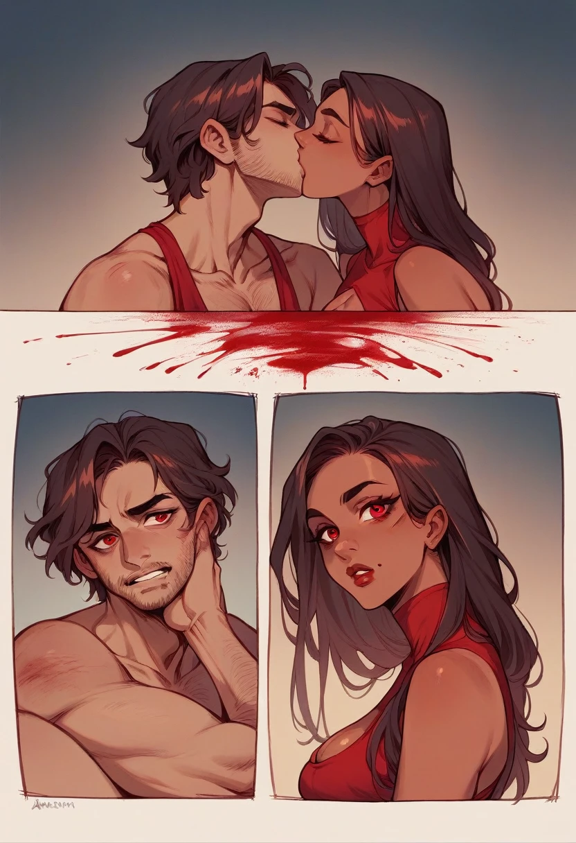 A beautiful Indian woman being hugged by a man and kissing at home, wearing a sleeveless red saree, great figure, deep cleavage,red eyes, blood in the mouth, dark blue and red mixed room background, digital art, comic art style, hyper realistic, cinematic