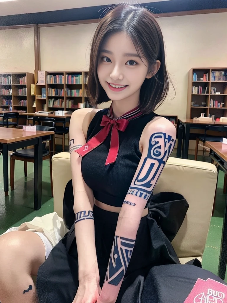 (Super cute Korean high school girls duo take photos 1.2)(grin,Smile)(Beautiful Sweat:1.1)(16K, RAW Photos, Highest quality, masterpiece: 1.2),(Beautiful short bob hair with even bangs, black hair) Super detailed, Super Resolution, (Genuine, Genuine photos: 1.37), Portraiture, High-resolution RAW color photos, Professional photos, Very detailed, 8k wallpaper, Very detailed CG Unity 8k wallpaper, Very detailed beautiful girls, Very detailed faces, ((whole body)), beautiful woman, Huge breasts,(huge boobs:1.1) (Big Boobs:1.1), Beauty college student (A tight, girly, navy sleeveless with ribbon.),high school girl, Korean Girls,(K-POP Female Idols), (Idol-class beauty)(Beautiful high school girl:1.1)(A library filled with books)(18-year-old)(Stylish school uniform-style outfit:1.1)(Group photo:1.1)(Tattoo,Tattoo:1.5)