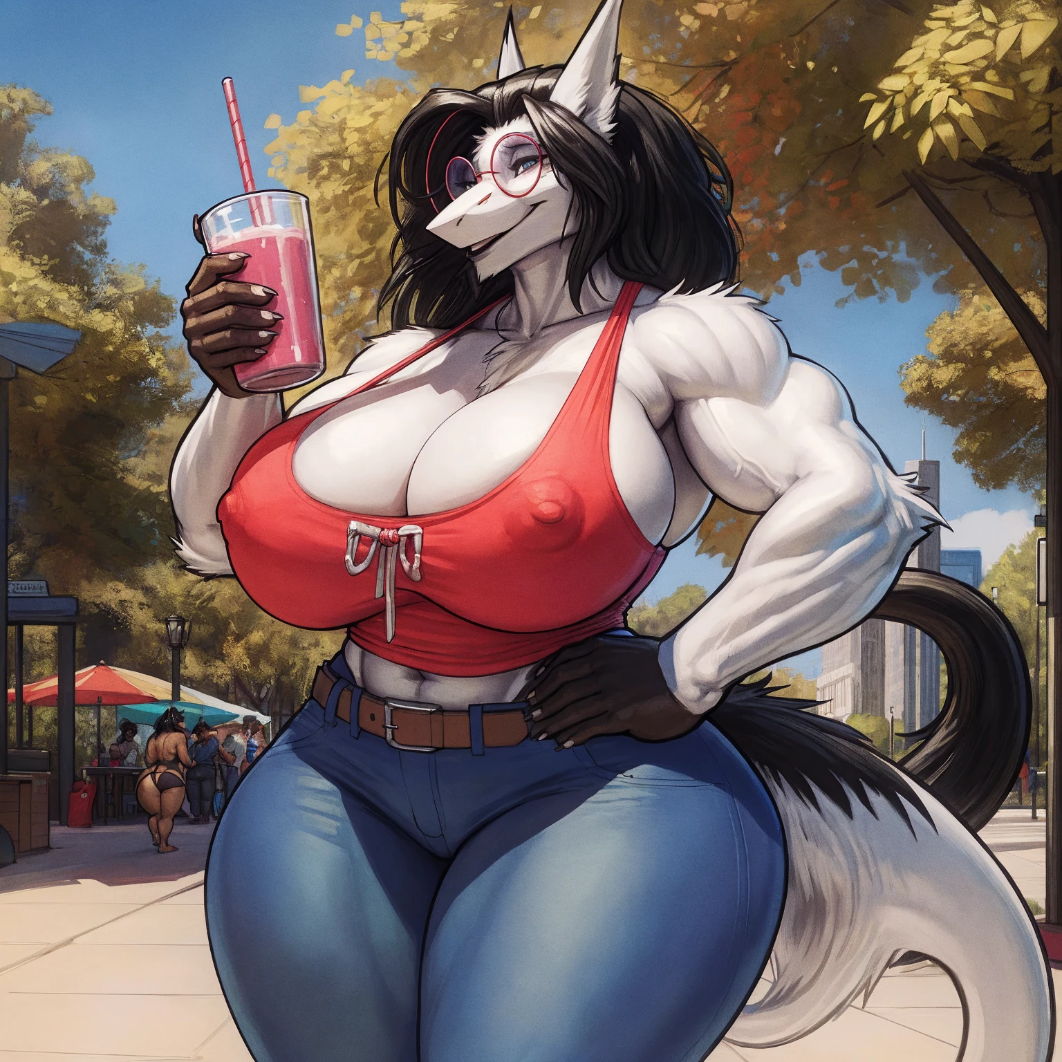 by darkgem, by duase, by BNG, by sligarthetiger, solo, 1girl, sergal, anthro, female, older woman, bodybuilder, muscular, thicc, (round glasses:1.4), (white fur:1.3), (black hair:1.3), furry body, wide body, wide hips, thick thighs, big arms, (huge breasts:1.1), (heavy breasts:1.3), nipple outline, highly detailed eyes, milf, orange tank top, bare midriff, cleavage, large areolae, blue jeans, lowrise jeans, bare midriff, visible thong straps, Masterpiece, best quality, absurd res, highly detailed, cleanly drawn eyes, park environment, cute smile, standing upright, casual posture, buff, holding a smoothie
