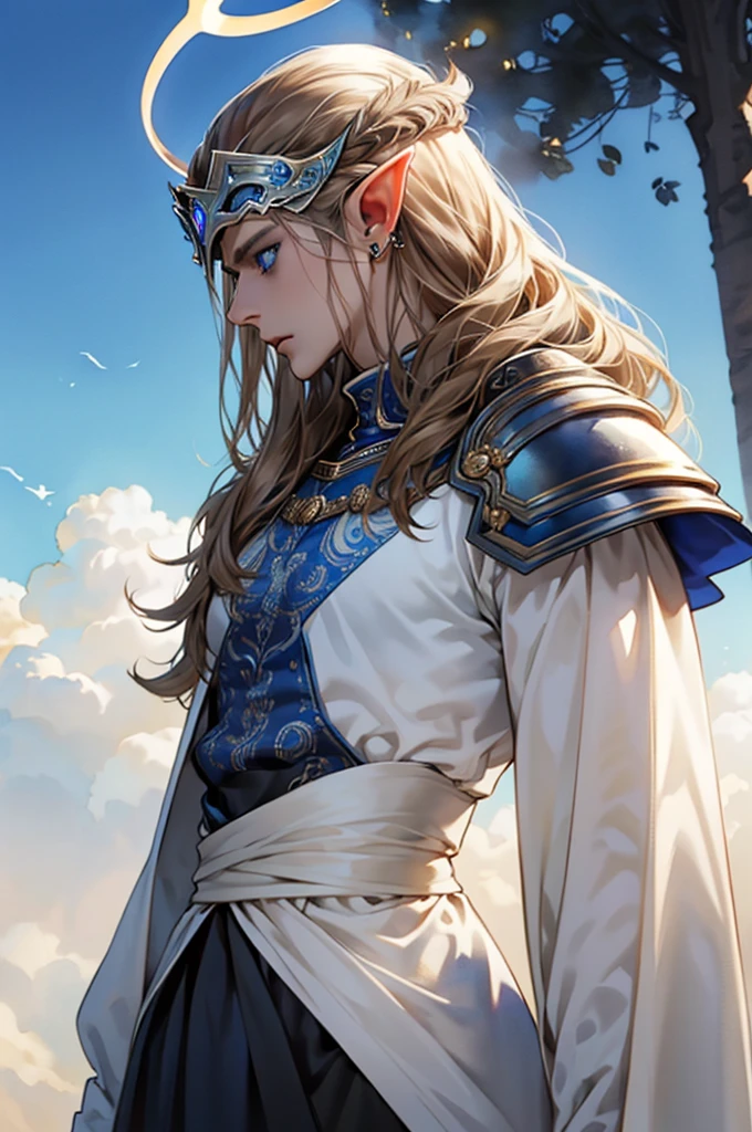 (masterpiece:1.2, best quality), (exquisite eyes: 1.2), ((solo)), (blue eyes:1.4), (exquisite eyes and exquisite face:1.3), ( beautiful and clear background: 1.2), (extremely detailed CG, super detailed, best shadows: 1.1), ((depth of field)), ((watercolor)), Beautiful Concept Art, (dark Background: 0.5), (Illustration: 1.1), (Extremely Delicate: 1.1), (Perfect Details: 1.1), Profile, long hair ,light brown hair,, solo,male, elf ears, ear piercings , black armor,Fulllength, angry, big halo, strong body, angel, metal helmet, male body
