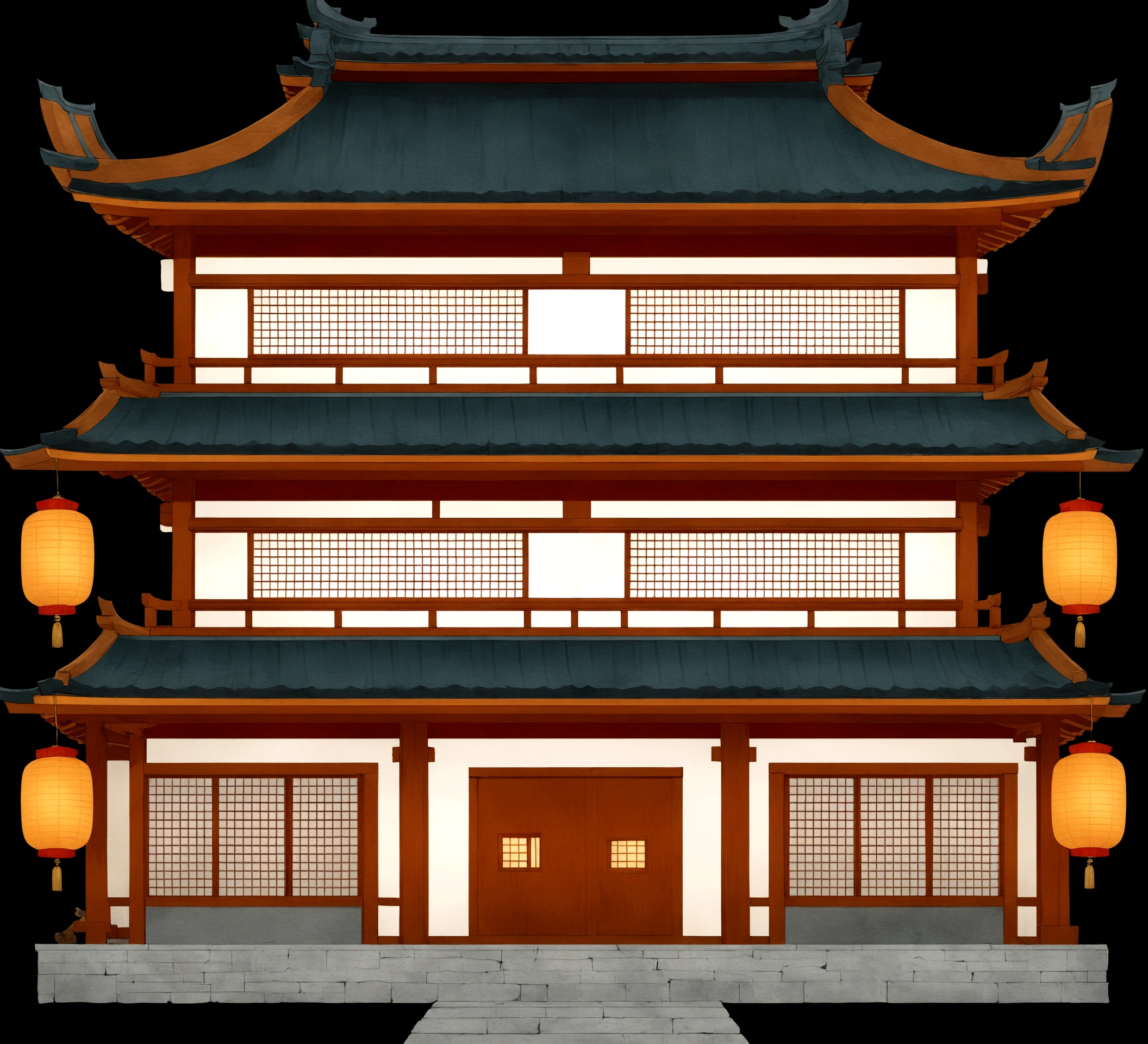 a cartoon image of a japanese style building with lanterns on the roof, ancient japanese architecture, japanese house, an extremely detailed building, japanese temple, zen temple background, japanese architecture, european japanese buildings, digital painting of a pagoda, inspired by Gusukuma Seihō, japanese temples, ryokans and edo era houses, temple background, a temple, temple, pagoda