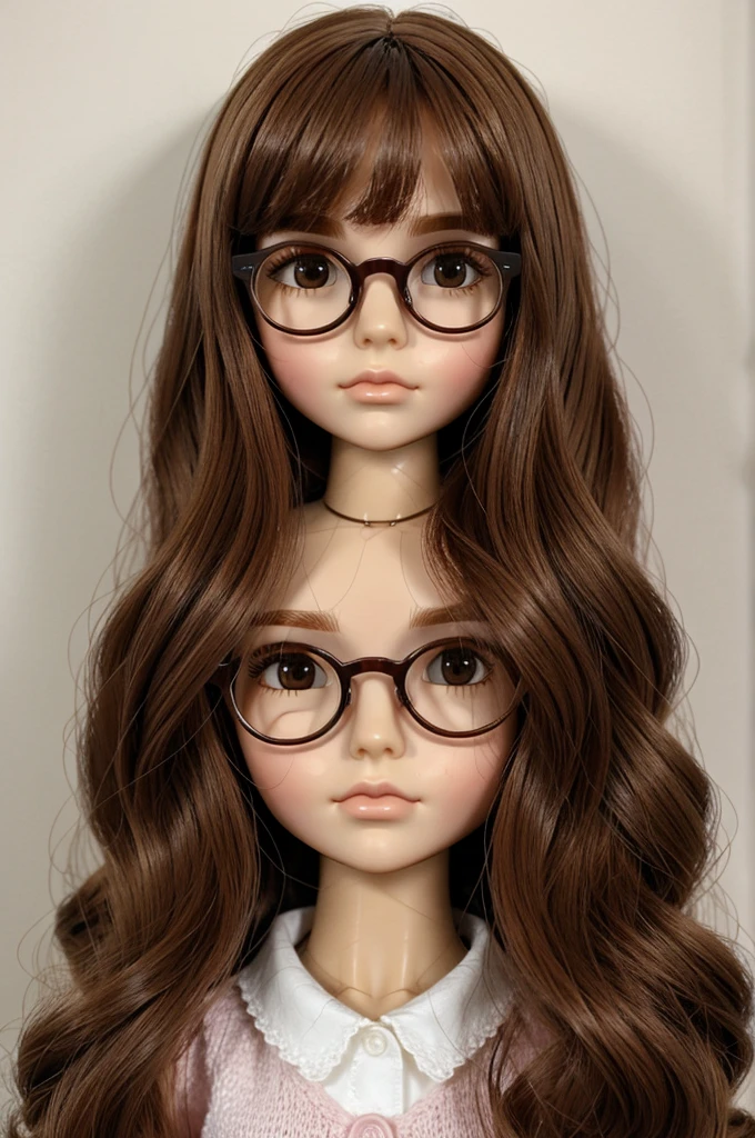 Blythe doll, long brown hair, pink cheeks and  glasses