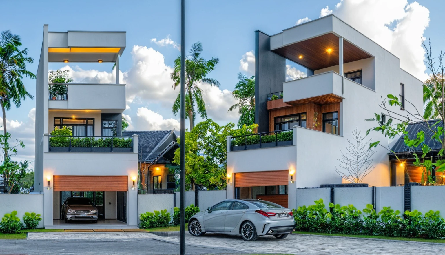 raw photo, Masterpiece, high quality, best quality, authentic, super detail, outdoors, onestoreyvillaXL, aiaigroup, house style modern on the street ,stairs, white wall ,road,pavement, grass, trees, sky, cloud, (daylight:1.1)
