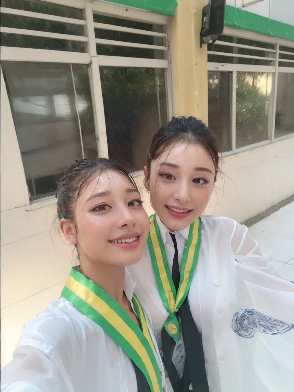 ((Best Quality, 8K, Masterpiece: 1.3)), Sharp: 1.2, Perfect Body Beauty: 1.4, Slim Abs: 1.2, ((Layered Hairstyle, Big Breasts: 1.2)), (Wet White Button Long Shirt: 1.1), (Rain, Street: 1.2), Wet: 1.5, Highly detailed face and skin texture, detailed eyes, double eyelids, side face looking at the camera