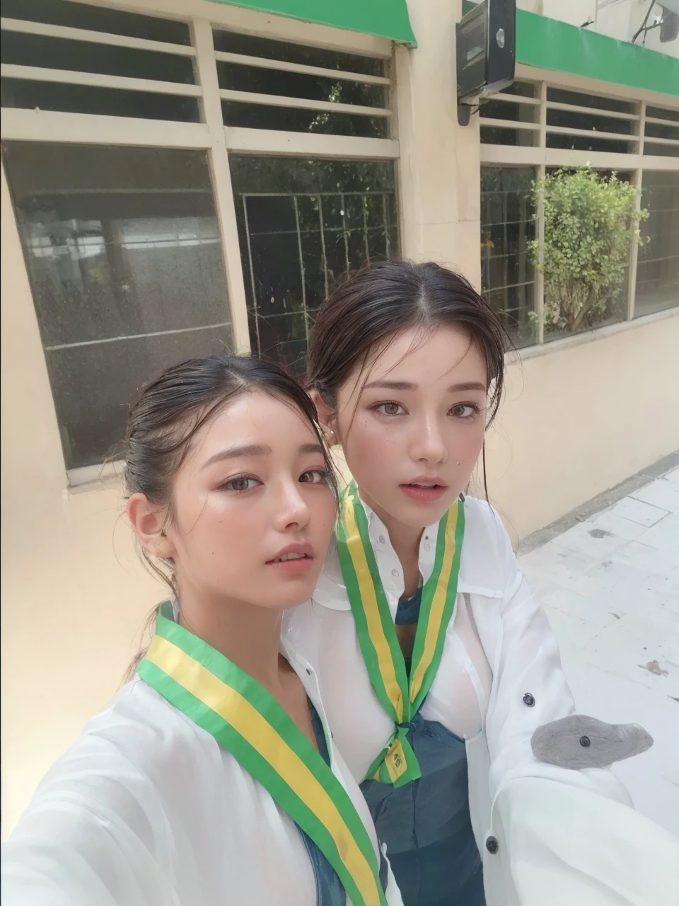 ((Best Quality, 8K, Masterpiece: 1.3)), Sharp: 1.2, Perfect Body Beauty: 1.4, Slim Abs: 1.2, ((Layered Hairstyle, Big Breasts: 1.2)), (Wet White Button Long Shirt: 1.1), (Rain, Street: 1.2), Wet: 1.5, Highly detailed face and skin texture, detailed eyes, double eyelids, side face looking at the camera