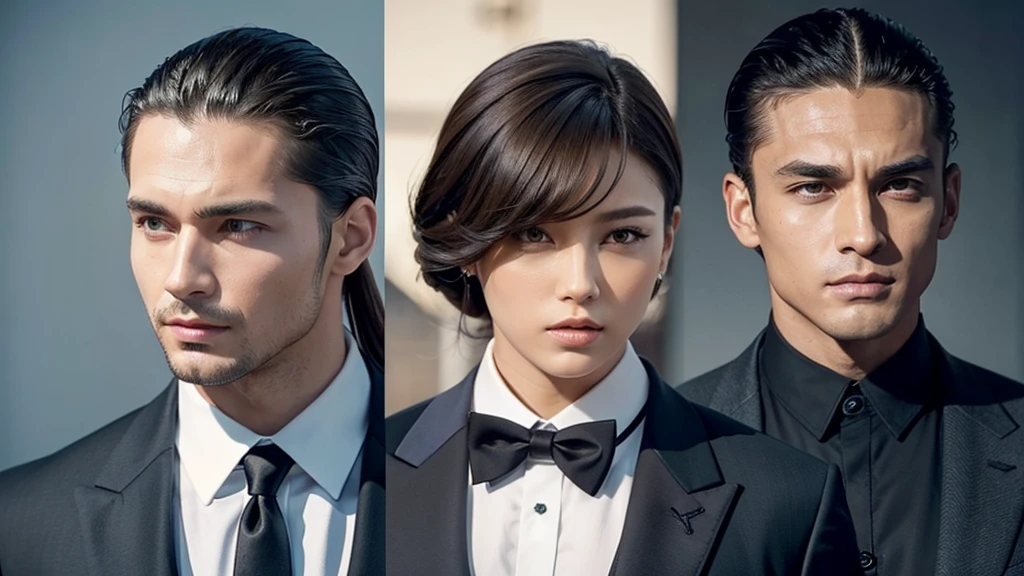 A photo of a man with bangs down and a man with his hair slicked back, suit