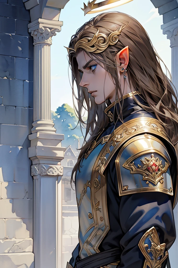 (masterpiece:1.2, best quality), (exquisite eyes: 1.2), ((solo)), (blue eyes:1.4), (exquisite eyes and exquisite face:1.3), ( beautiful and clear background: 1.2), (extremely detailed CG, super detailed, best shadows: 1.1), ((depth of field)), ((watercolor)), Beautiful Concept Art, (dark Background: 0.5), (Illustration: 1.1), (Extremely Delicate: 1.1), (Perfect Details: 1.1), Profile, long hair ,light brown hair,, solo,male, elf ears, ear piercings , black armor, black clothes,Fulllength, angry, big halo, strong body, angel, metal helmet, male body