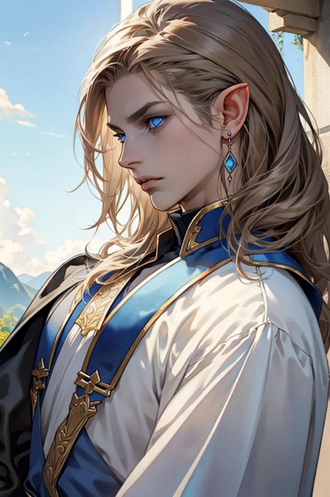 (masterpiece:1.2, best quality), (exquisite eyes: 1.2), ((solo)), (blue eyes:1.4), (exquisite eyes and exquisite face:1.3), ( beautiful and clear background: 1.2), (extremely detailed CG, super detailed, best shadows: 1.1), ((depth of field)), ((watercolor)), Beautiful Concept Art, (dark Background: 0.5), (Illustration: 1.1), (Extremely Delicate: 1.1), (Perfect Details: 1.1), Profile, long hair ,light brown hair,, solo,male, elf ears, ear piercings , black armor, black clothes,Fulllength, angry, big halo, strong body, angel, metal helmet, male body