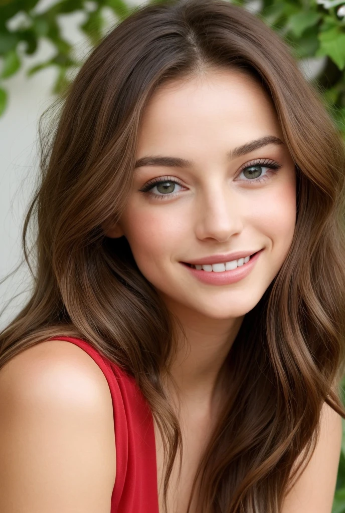 Une jeune femme brune, d'une beauté saisissante, se tient devant toi. Ses cheveux noirs et soyeux encadrent un visage délicat, aux traits fins et harmonieux. Ses grands yeux marron scintillent avec une lueur mystérieuse et captivante. Sa peau est lumineuse, légèrement hâlée, et ses lèvres, d'un rouge naturel, forment un sourire doux et envoûtant. Elle dégage une élégance naturelle et une présence magnétique qui attirent les regards sans effort.