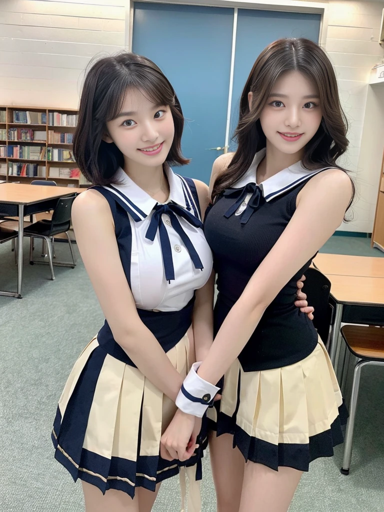 (Super cute Korean high school girls duo take photos 1.2)(grin,Smile)(Beautiful Sweat:1.1)(16K, RAW Photos, Highest quality, masterpiece: 1.2),(Beautiful short bob hair with even bangs, black hair) Super detailed, Super Resolution, (Genuine, Genuine photos: 1.37), Portraiture, High-resolution RAW color photos, Professional photos, Very detailed, 8k wallpaper, Very detailed CG Unity 8k wallpaper, Very detailed beautiful girls, Very detailed faces, ((whole body)), beautiful woman, Huge breasts,(huge boobs:1.1) (Big Boobs:1.1), Beauty college student (A tight, girly, navy sleeveless with ribbon.),high school girl, Korean Girls,(K-POP Female Idols), (Idol-class beauty)(Beautiful high school girl:1.1)(A library filled with books)(18-year-old)(Stylish school uniform-style outfit:1.1)(Group photo:1.1)