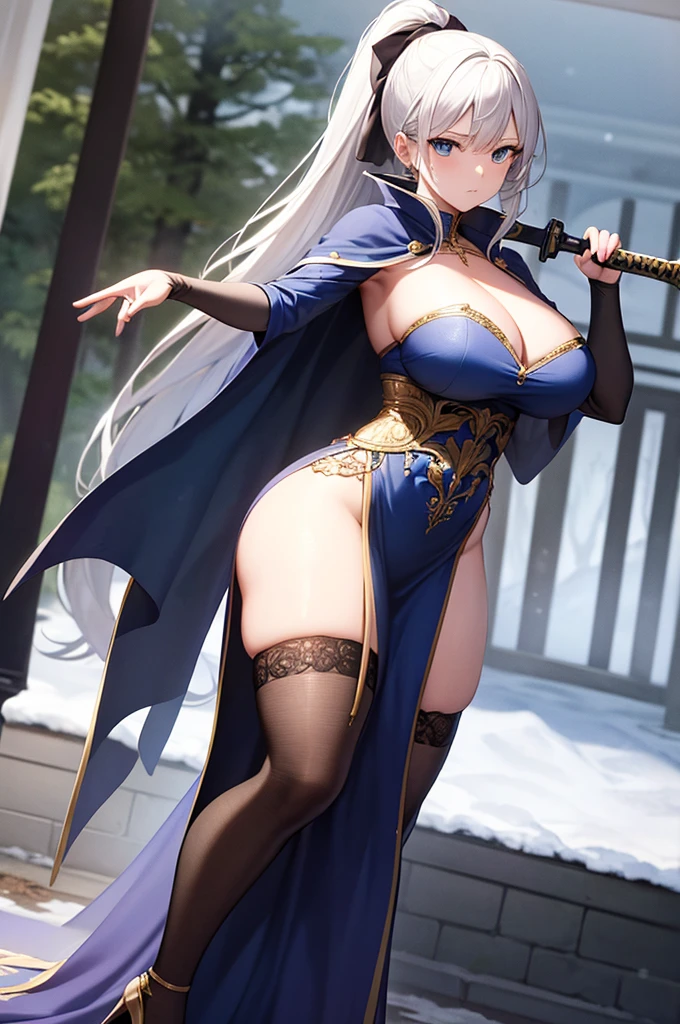 , 30 years old, (highres, masterpiece:1.2), white hair, robe, grey robe, huge breaick thighs, standing, pelvic curtain, thighhighs, v-neck, strapless dress, blue eyes, expressionless, long hair, (layered dress, elaborate clothing, detailed clothing, detailed dress), ponytail, snow, forest in background, blue dress, cape, sword, holding sword, holding weapon, combat pose, battle pose