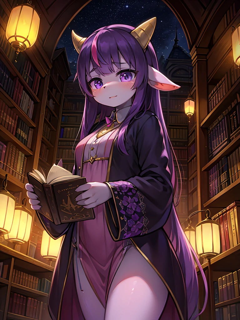 A beautiful detailed portrait of Twilight Sparkle, a female anthropomorphic pony with lavender fur, large expressive eyes, long eyelashes, a small muzzle, and a horn on her head, wearing a royal purple dress, standing in a magical library environment with floating books, glowing lanterns, and a starry night sky background, highly detailed, 8k, photorealistic, intricate, elegant, cinematic lighting, vibrant colors, fantasy art style
