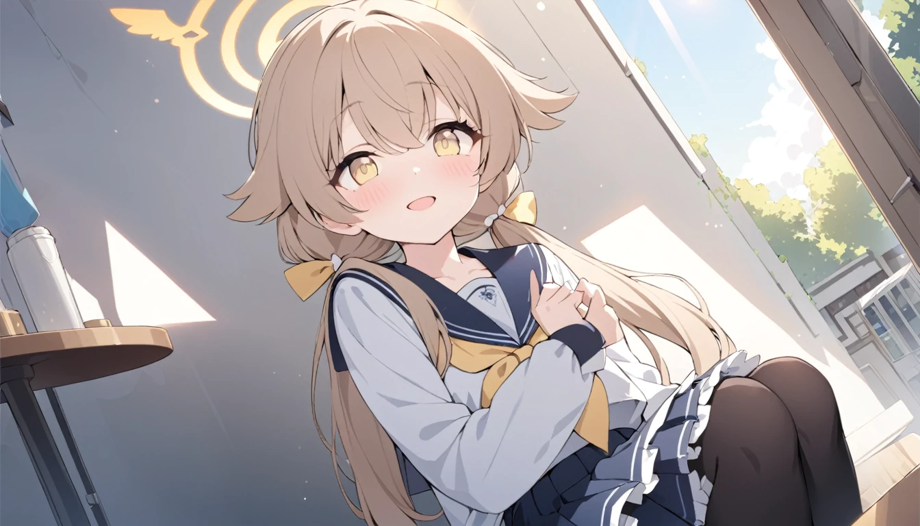 (((masterpiece))), (((best quality))), ((ultra-detailed)), (illustration), (detailed light), ((an extremely delicate and beautiful)), (beautiful detailed eyes), (sunlight), 1 girl, Ajitani Hifumi (Blue Archive), halo, Long hair, light brown hair, low twintails, , sailor collar, tied, yellow ribbon, hair bow, blue skirt, pleated skirt, frilled skirt, frills, Black pantyhose, wing hair ornament, yellow eyes, sitting, cafetaria, morning, smile, open mouth,