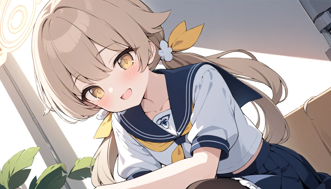 (((masterpiece))), (((best quality))), ((ultra-detailed)), (illustration), (detailed light), ((an extremely delicate and beautiful)), (beautiful detailed eyes), (sunlight), 1 girl, Ajitani Hifumi (Blue Archive), halo, Long hair, light brown hair, low twintails, , sailor collar, tied, yellow ribbon, hair bow, blue skirt, pleated skirt, frilled skirt, frills, Black pantyhose, wing hair ornament, yellow eyes, sitting, cafetaria, morning, smile, open mouth,