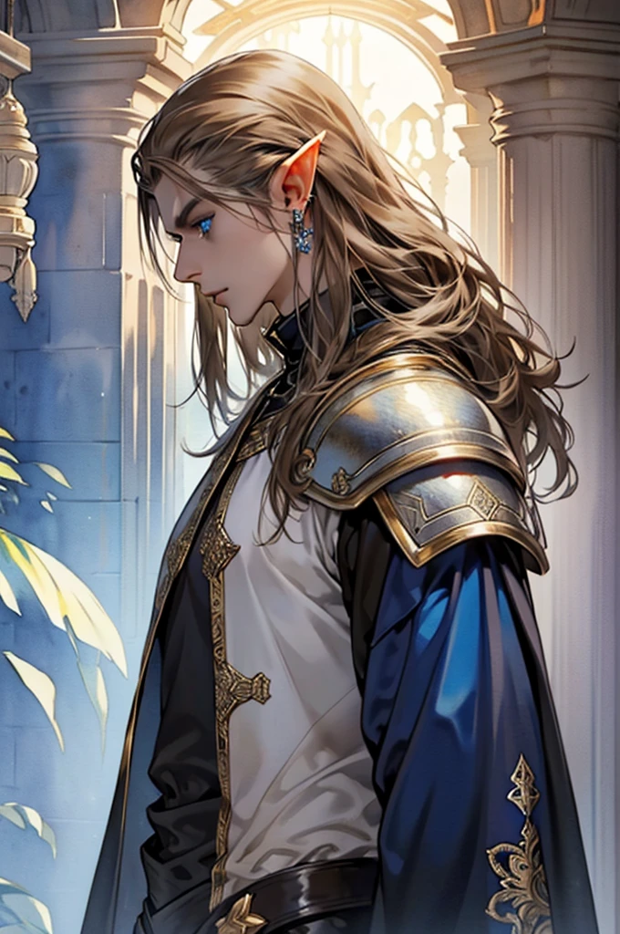 (masterpiece:1.2, best quality), (exquisite eyes: 1.2), ((solo)), (blue eyes:1.4), (exquisite eyes and exquisite face:1.3), ( beautiful and clear background: 1.2), (extremely detailed CG, super detailed, best shadows: 1.1), ((depth of field)), ((watercolor)), Beautiful Concept Art, (dark Background: 0.5), (Illustration: 1.1), (Extremely Delicate: 1.1), (Perfect Details: 1.1), Profile, long hair ,light brown hair,, solo,male, elf ears, ear piercings , black armor, black clothes,Fulllength, angry, big halo, strong body, angel, metal helmet, male body
