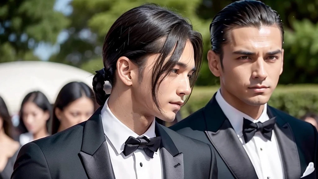 A photo of a man with bangs down and a man with his hair slicked back, suit