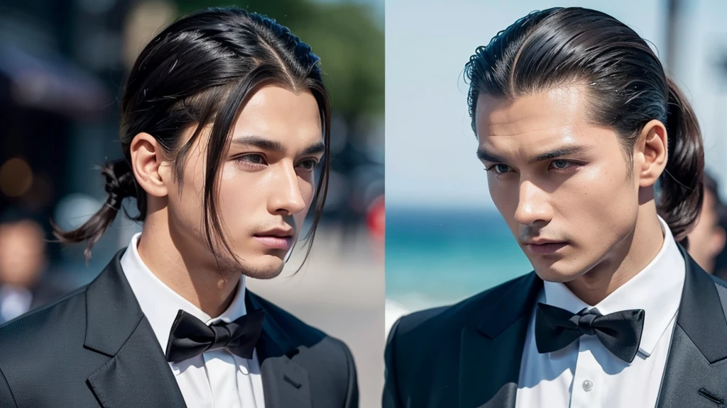 A photo of a man with bangs down and a man with his hair slicked back, suit