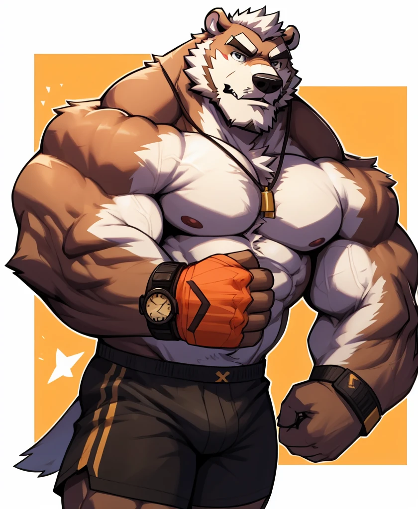 solo, 1boy, Huge Muscular Old Polar Bear Dad wearing glasses, huge white fur, pectoral, huge pectoral, wide pectoral, short white hair, white fur, short pants, black wristbands, watch and shirtless and topless, bearded, Mustache, olympium background, masterpiece, high detailed, 8k, high resolution, running all over the tracks, training popping