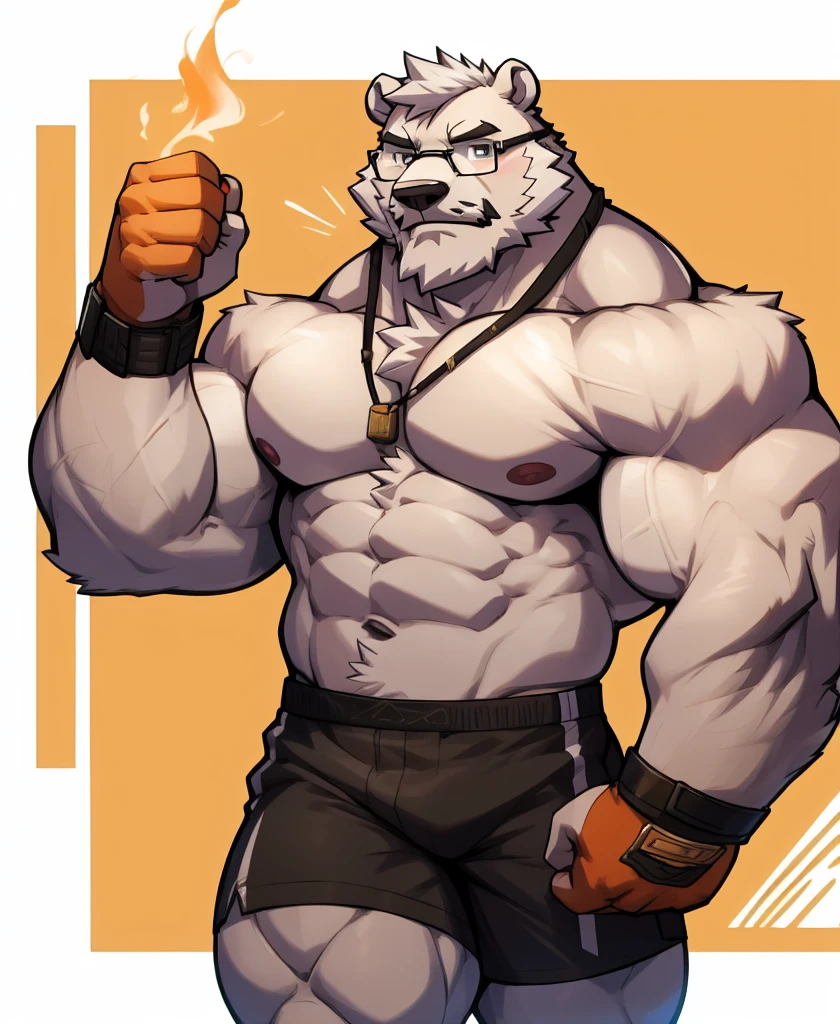 solo, 1boy, Huge Muscular Old Polar Bear Dad wearing glasses, huge white fur, pectoral, huge pectoral, wide pectoral, short white hair, white fur, short pants, black wristbands, watch and shirtless and topless, bearded, Mustache, olympium background, masterpiece, high detailed, 8k, high resolution, running all over the tracks, training popping